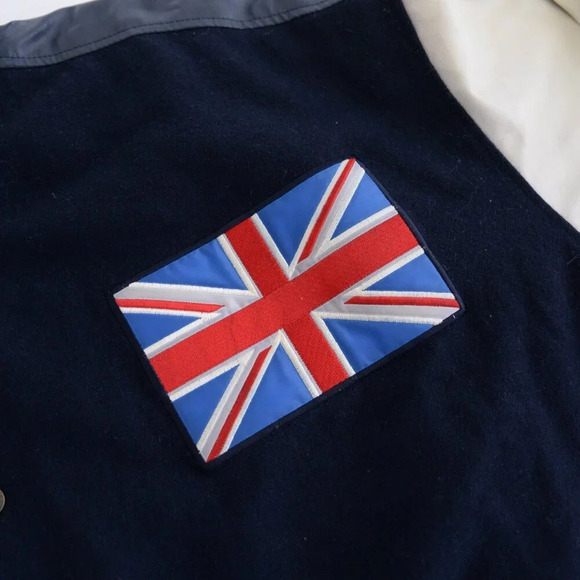 Vintage 90S Steve And Barrys British Flag Navy And Cream Wool Blend Faux Leather - Picture 12 of 16